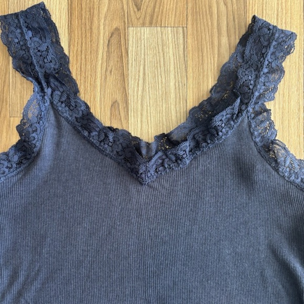 Lace Trim Ribbed Cami Tank Navy Blue Size Large Layering Coquette Y2K 90's Fairy - Picture 2 of 9